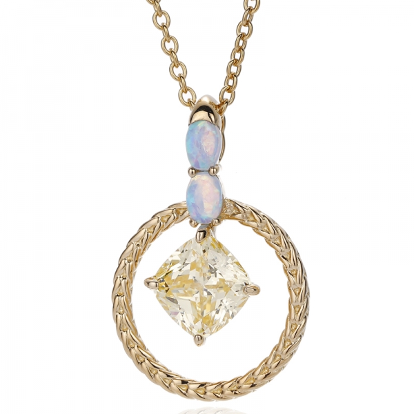 Cushion Diamond Yellow Cubic Zircon And Oval Shape Opal Silver Pendant With Glod Plating 