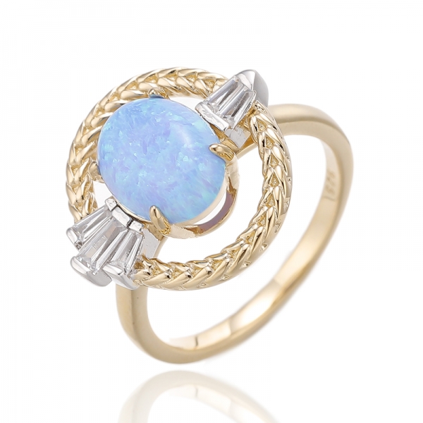 Oval Shape Opal And Tapered White Cubic Zircon Silver Ring With Two Tones Plating 