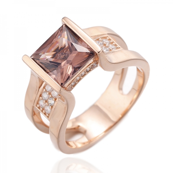 925 Square Morganite Nano And Round White Cubic Zircon Silver Ring With Rose Gold Plating 