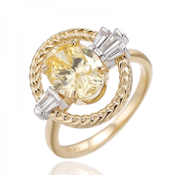 Oval Shape Opal And Tapered White Cubic Zircon Silver Ring With Two Tones Plating 
