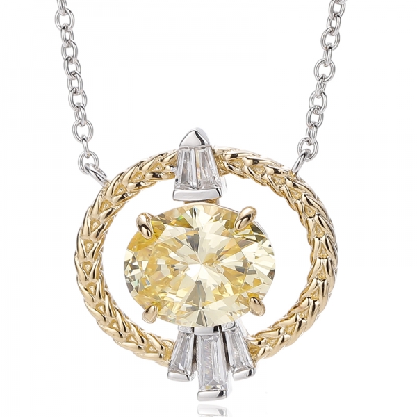 Oval Shape Opal And Tapered White Cubic Zircon Silver Necklace With Two Tones Plating 