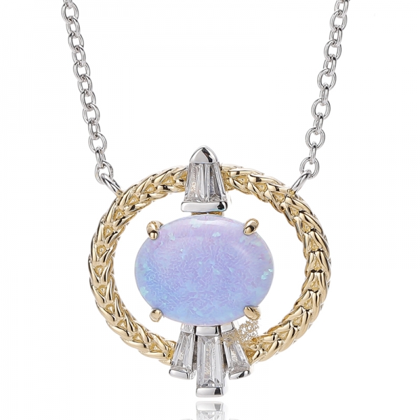 Oval Shape Opal And Tapered White Cubic Zircon Silver Necklace With Two Tones Plating 