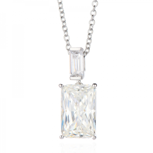 Octagon Diamond G And Baguette White Cubic Zircon Rhodium Silver Necklace 