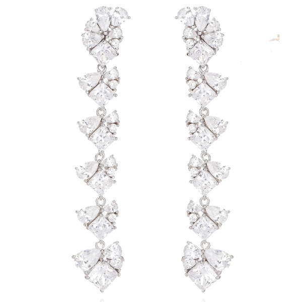 Octagon Green Nano And Pear Shape White Cubic Zircon Rhodium Silver Earring 