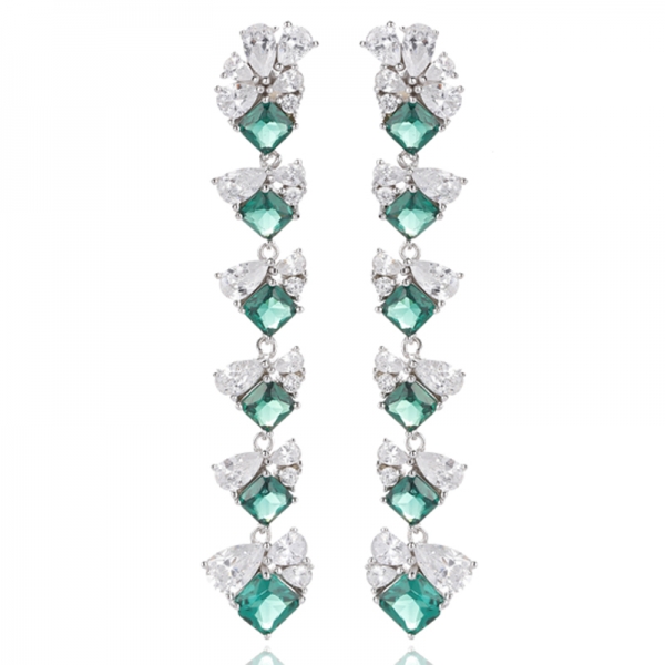 Octagon Green Nano And Pear Shape White Cubic Zircon Rhodium Silver Earring 