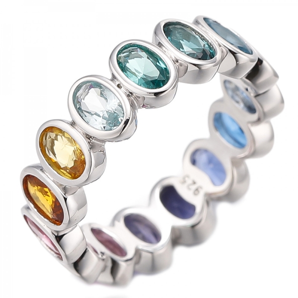 Oval Shape Rainbow Cubic Zircon Rhodium Silver Ring 