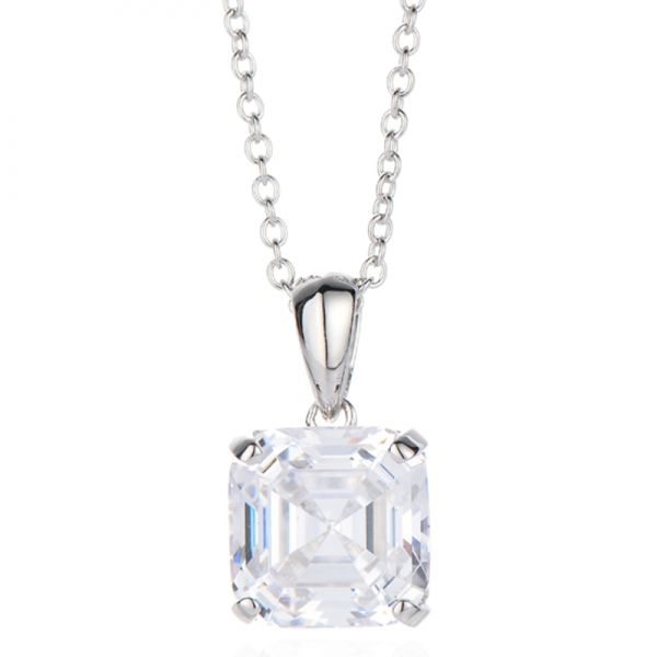 Asscher White Cubic Zircon Rhodium Silver Necklace 