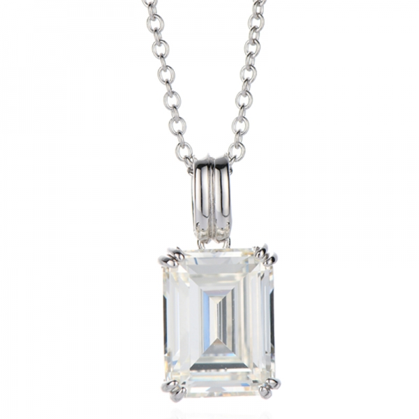 925 Emerald Cut Diamond G Cubic Zircon Rhodium Silver Necklace 