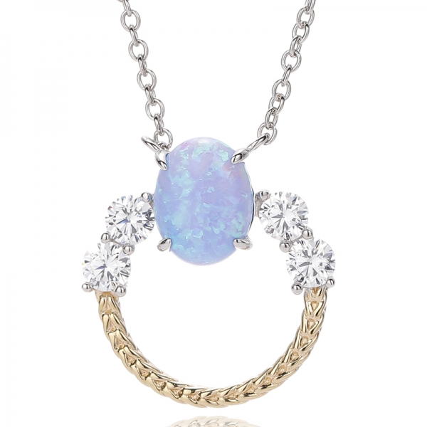 Oval Shape Opal And Round White Cubic Zircon Silver Necklace With Two Tones Plating 
