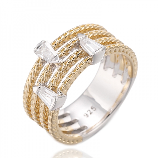 Tapered White Cubic Zircon Silver Ring With Two Tones Plating 