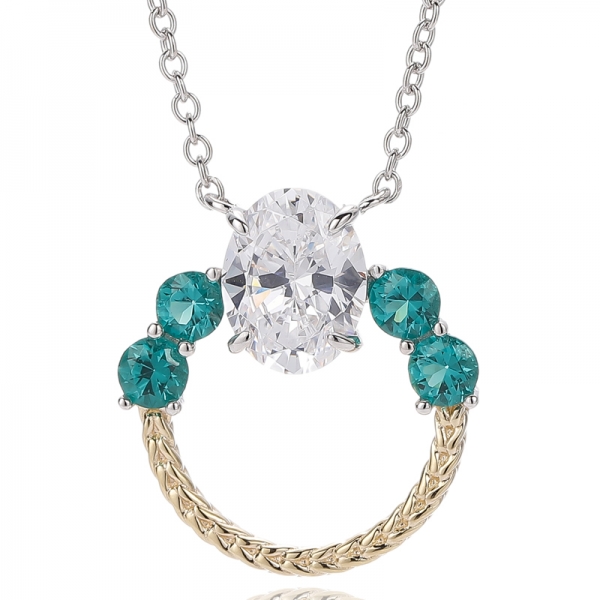 Oval Shape Opal And Round White Cubic Zircon Silver Necklace With Two Tones Plating 