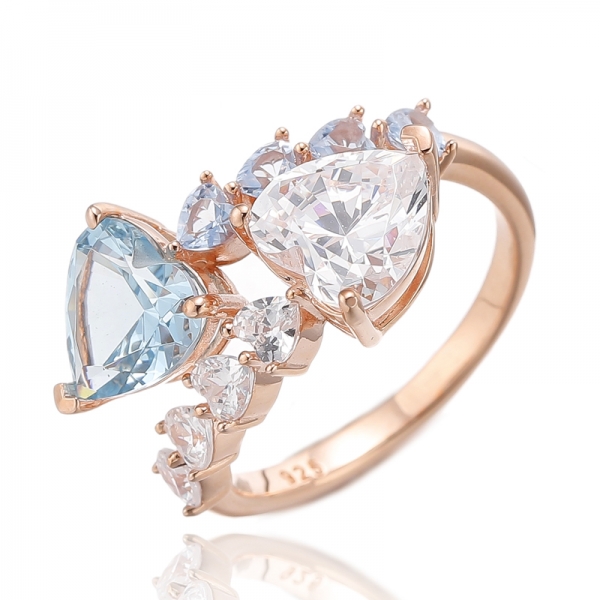 Heart Shape Aquamarine And White Cubic Zircon Silver Ring With Rose Gold Plating 