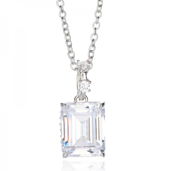Emerald Cut And Round White Cubic Zircon Rhodium Silver Necklace 