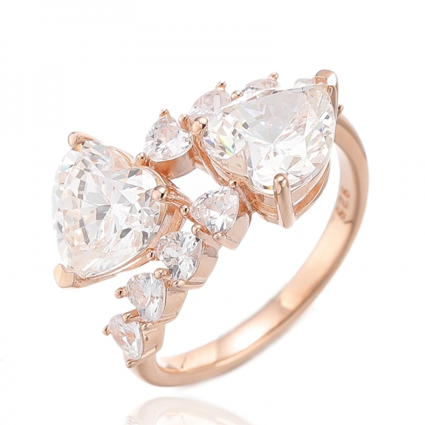 Heart Shape Aquamarine And White Cubic Zircon Silver Ring With Rose Gold Plating 