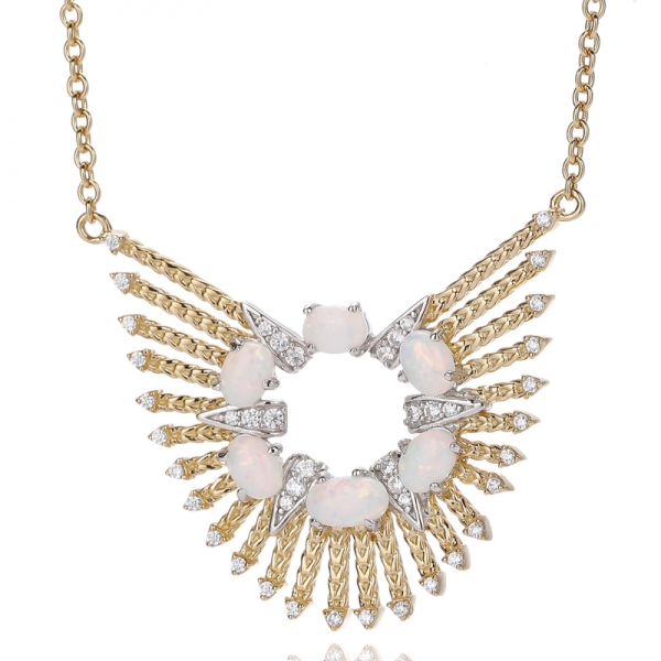 925 Oval Shape Opal And Round White Cubic Zircon Silver Necklace With Two Tones Plating 