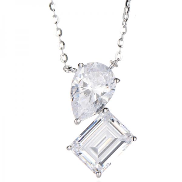 Pear Shape And Emerald Cut White Cubic Zircon Rhodium Silver Necklace 