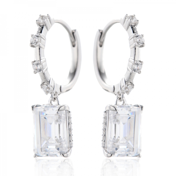 Emerald Cut And Round White Cubic Zircon Rhodium Silver Earring 