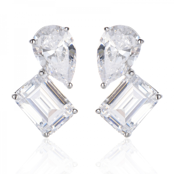 Pear Shape And Emerald Cut White Cubic Zircon Rhodium Silver Earring 