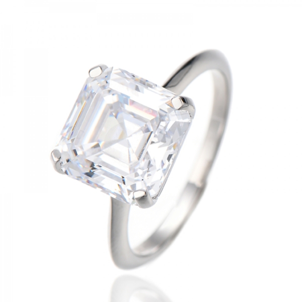Asscher White Cubic Zircon Rhodium Silver Ring 