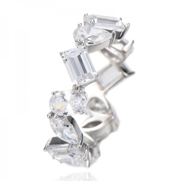 Marquise And Oval Shape White Cubic Zircon Rhodium Silver Eternity Ring 