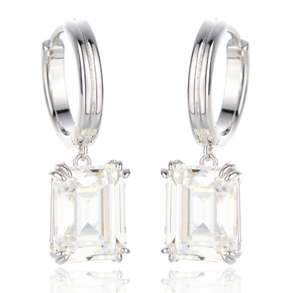Emerald Cut Diamond G Cubic Zircon Rhodium Plating Silver Earring 