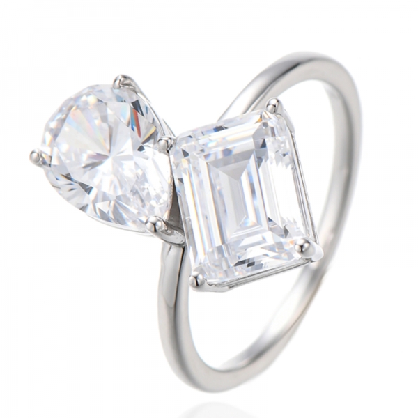 Pear Shape And Emerald Cut White Cubic Zircon Rhodium Silver Ring 