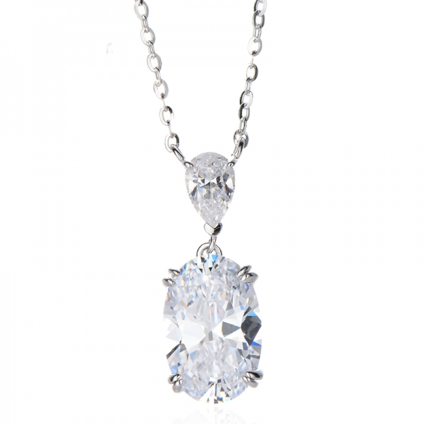 Oval Shape And Pear Shape Diamond G Cubic Zircon Rhodium Silver Necklace 