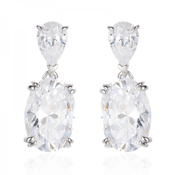 Oval Shape And Pear Shape White Cubic Zircon Rhodium Silver Earring 