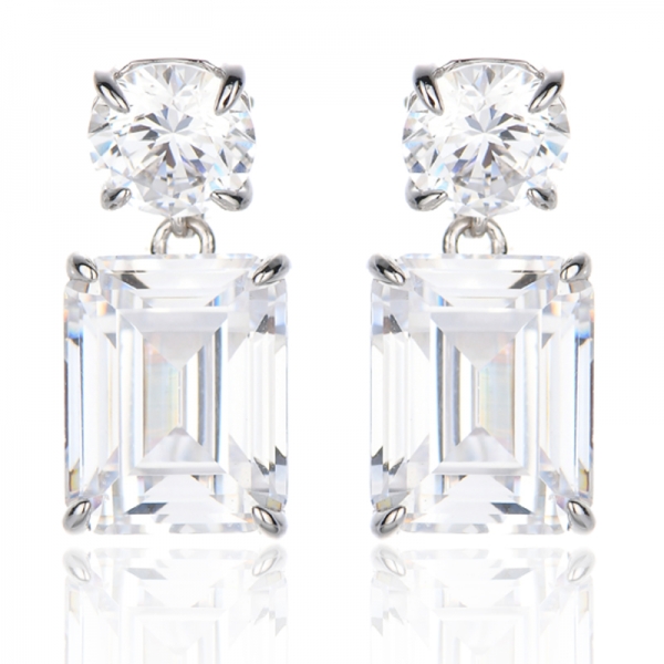 925 Emerald Cut And Round White Cubic Zircon Rhodium Silver Earring 