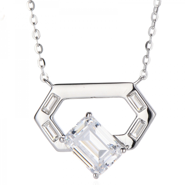 Emerald Cut And Baguette White Cubic Zircon Rhodium Silver Necklace 