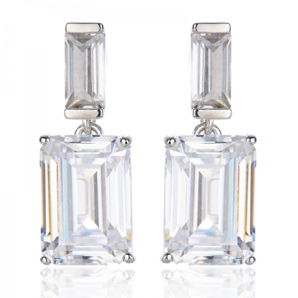 Emerald Cut And Baguette White Cubic Zircon Rhodium Silver Earring 