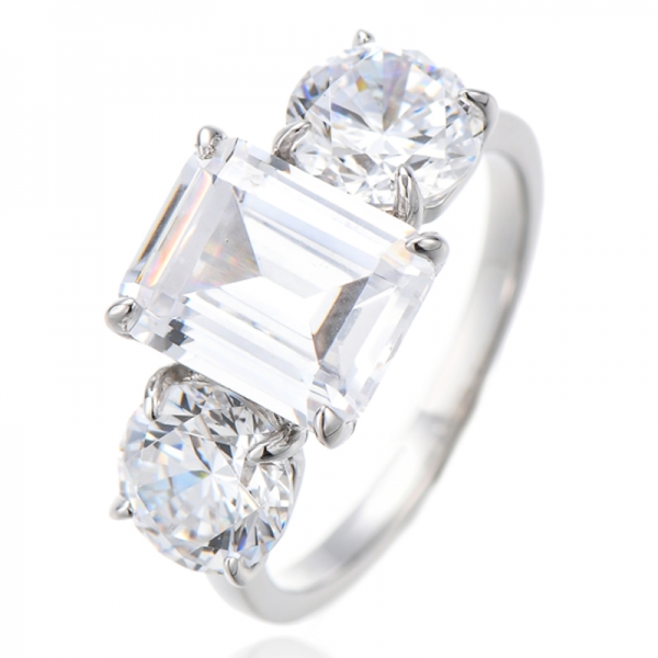 Emerald And Round White Cubic Zircon Rhodium Plating Silver Ring 