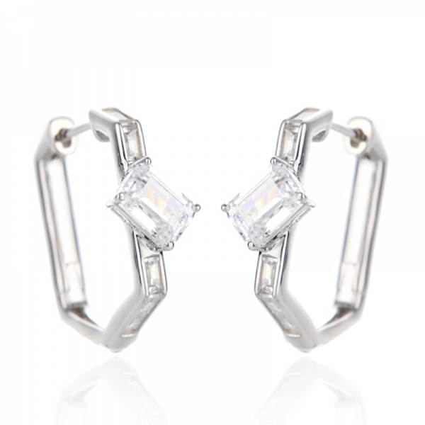 925 Emerald Cut And Baguette White Cubic Zircon Rhodium Silver Earring 