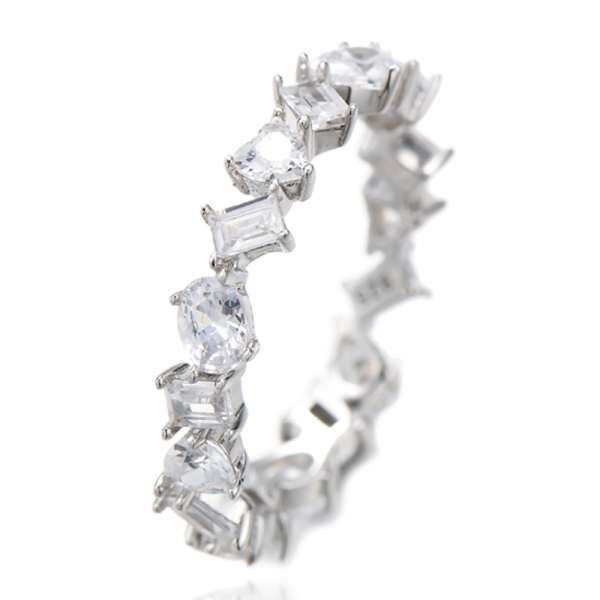 Heart Shape And Baguette White Cubic Zircon Rhodium Silver Eternity Ring 