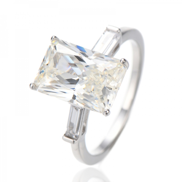 Octagon Diamond G And Baguette White Cubic Zircon Rhodium Silver Ring 