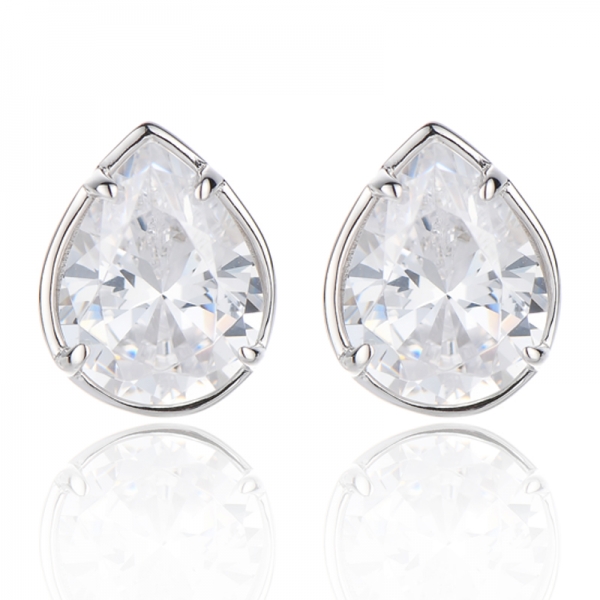 Pear Shape And Round White Cubic Zircon Rhodium Silver Earring 