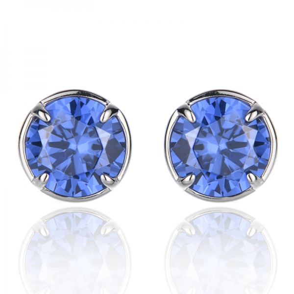925 Round Tanzanite And White Cubic Zircon Rhodium Silver Earring 