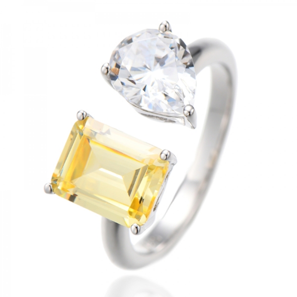 Emerald Cut Diamond Yellow And Pear Shape White Cubic Zircon Rhodium Silver Open Ring 