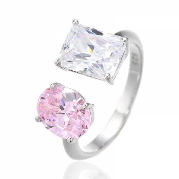 Oval Shape Diamond Pink And Octagon White Cubic Zircon Rhodium Silver Open Ring 