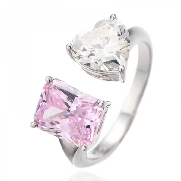 Octagon Diamond Pink And Heart Shape Diamond G Cubic Zircon Rhodium Silver Open Ring 