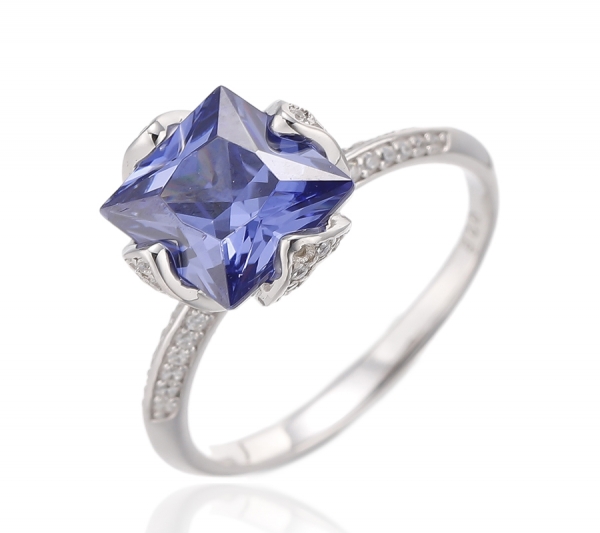 Square Aquamarine And Round White Cubic Zircon Rhodium Silver Ring 