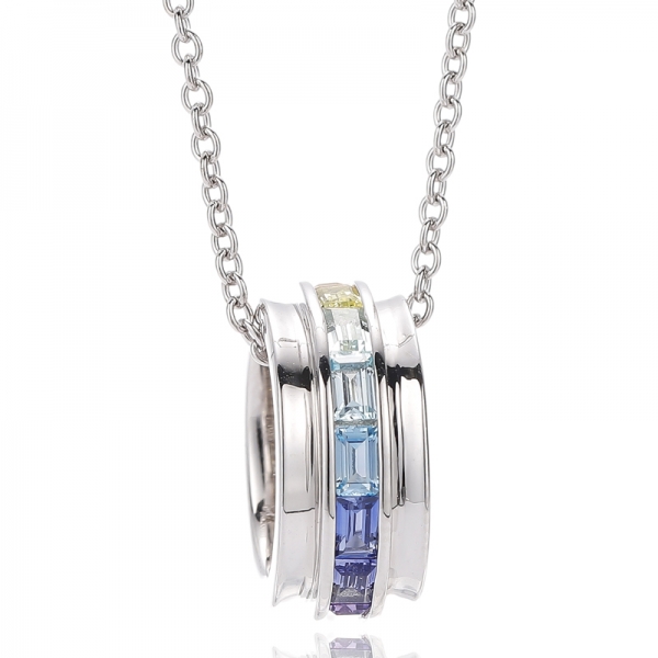 Baguette Rainbow Cubic Zircon Rhodium Silver Pendant 