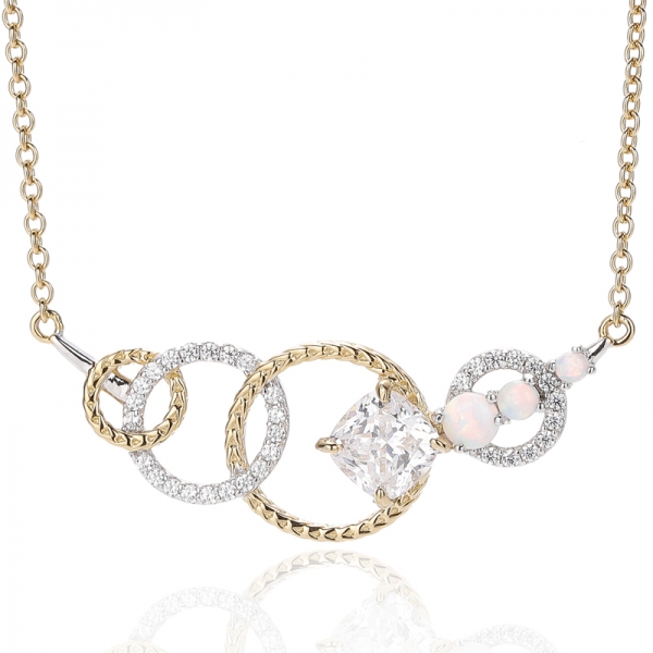 925 Round Opal And Cushion White Cubic Zircon Silver Pendant With Two Tones Plating 