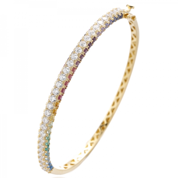 Round Rainbow And White Cubic Zircon Rhodium Silver Bangle 