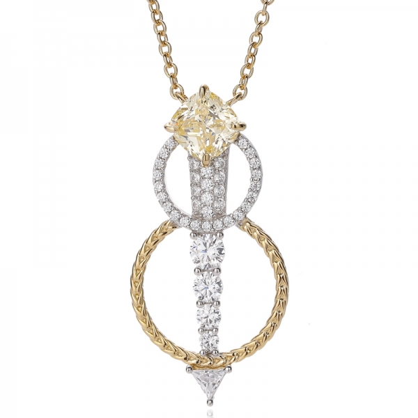 Round Opal And Cushion White Cubic Zircon Silver Pendant With Two Tones Plating 