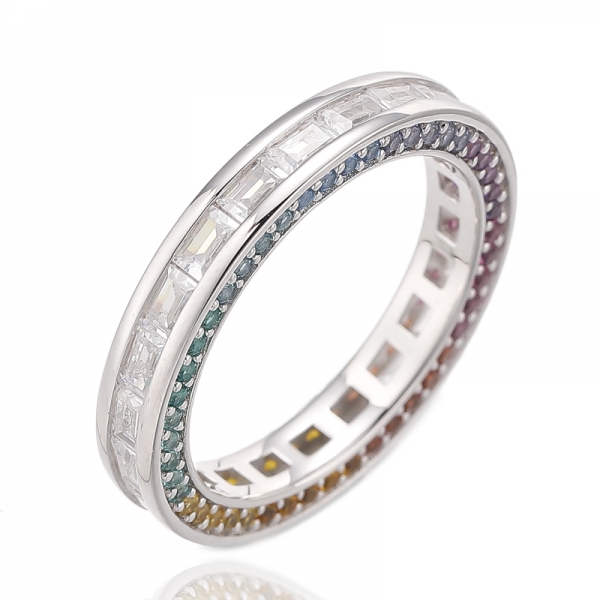 Baguette Rainbow And Round White Cubic Zircon Rhodium Silver Eternity Ring 