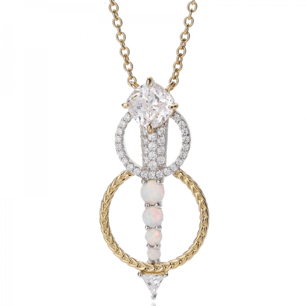 Round Opal And Cushion White Cubic Zircon Silver Pendant With Two Tones Plating 