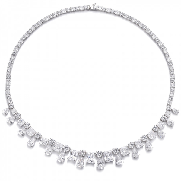 Octagon Diamond Yellow And Pear Shape White Cubic Zircon Rhodium Silver Necklace 