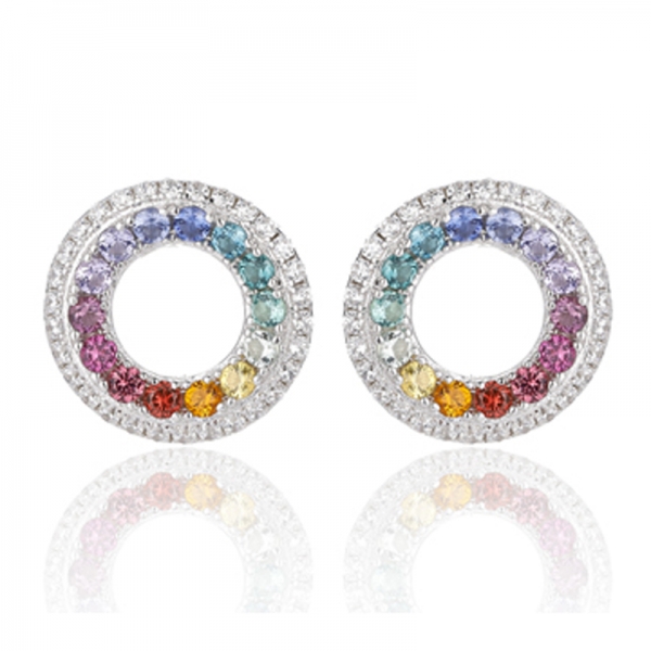 Round Rainbow And White Cubic Zircon Rhodium Silver Earring 
