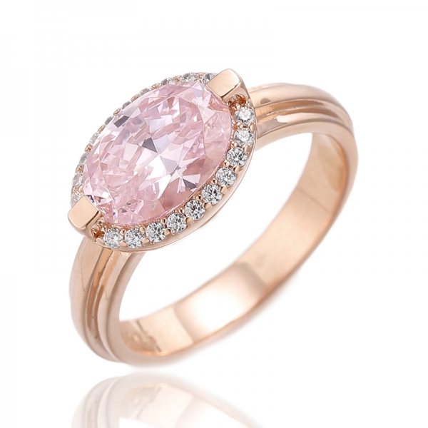 Oval Shape Diamond Pink And Round White Cubic Zircon Silver Ring With Rose Gold Plating 